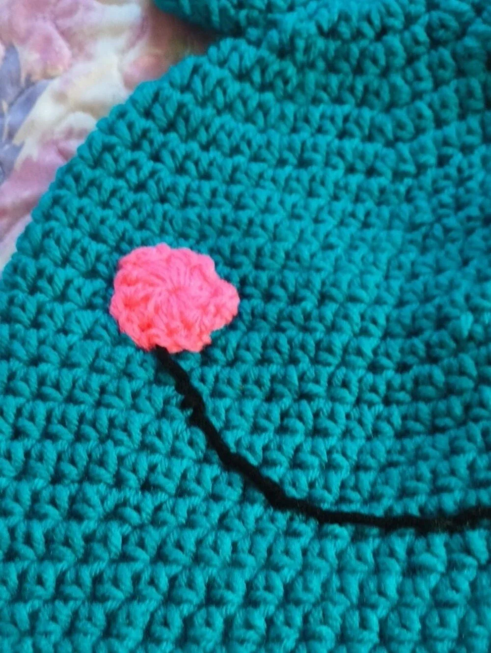 Handmade Teal Frog Crochet Earflap Hat with Pink Cheeks